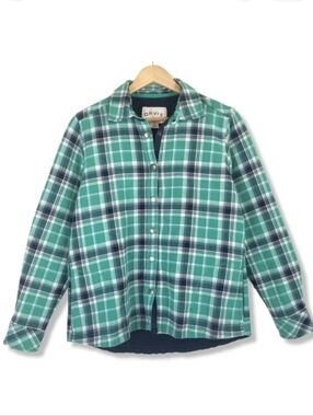 Orvis Fleece Lined Flannel Shirt Jacket Small Shacket Navy Blue Green Plaid Cozy